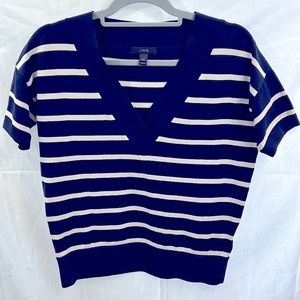 J Crew short sleeve V neck sweater blue and cream horizontal stripes